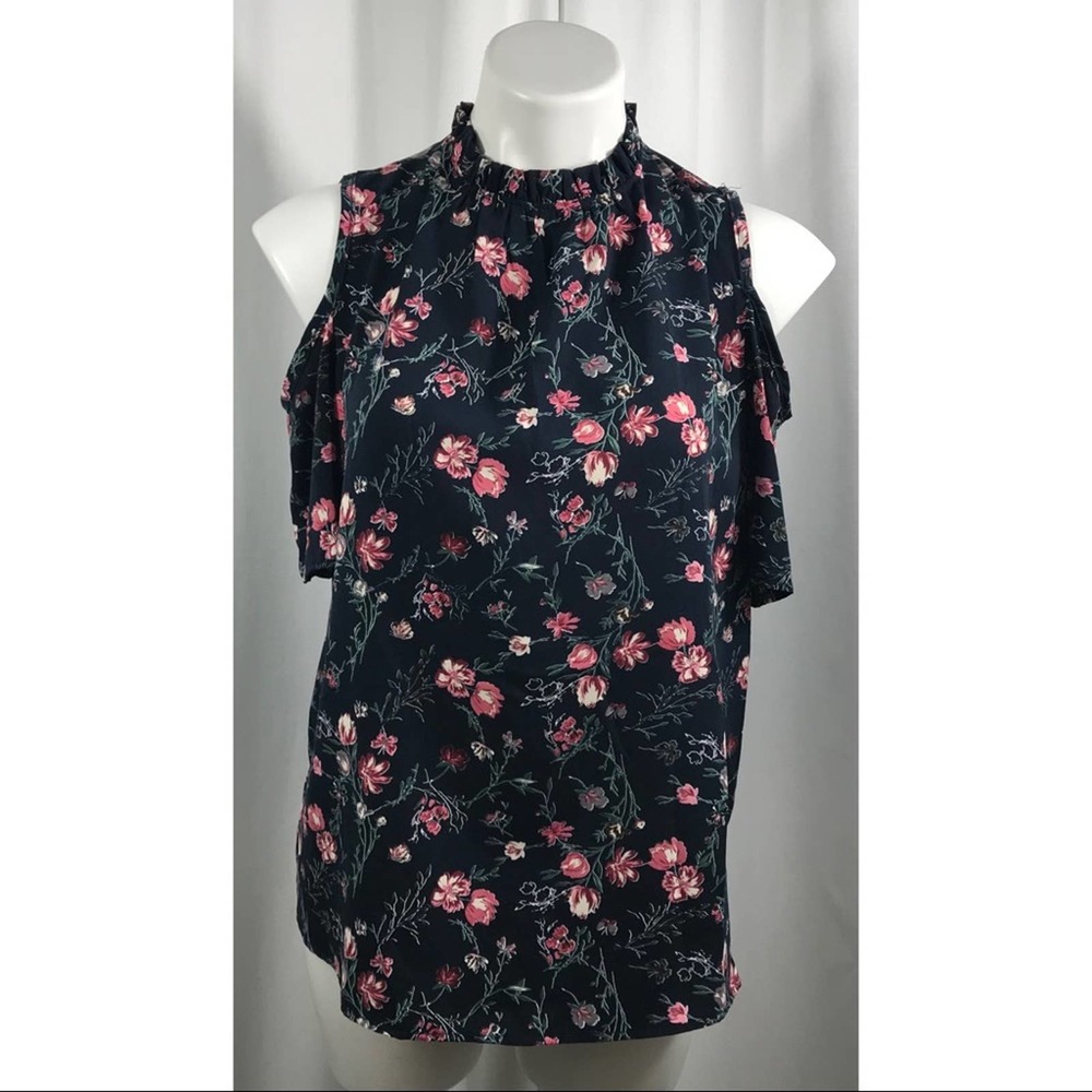 I Joah Floral Top Cold Shoulder Blouse Blue Pink Keyhole Button Back Collar
